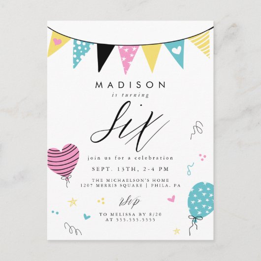 6E BIRTHDAY | Cute Doodle Birthday Party Briefkaar Briefkaart (Voorkant)