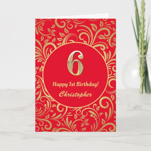 6e Birthday Red en Gold Floral Pattern Kaart (Voorkant)