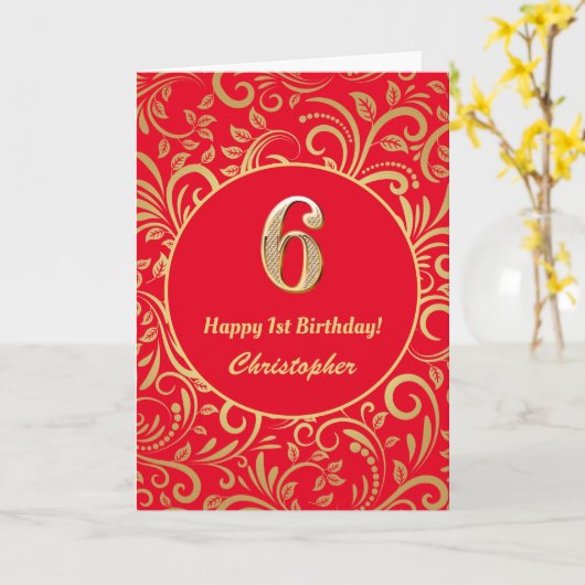 6e Birthday Red en Gold Floral Pattern Kaart (Gele Bloem)