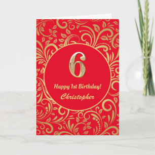 6e Birthday Red en Gold Floral Pattern Kaart
