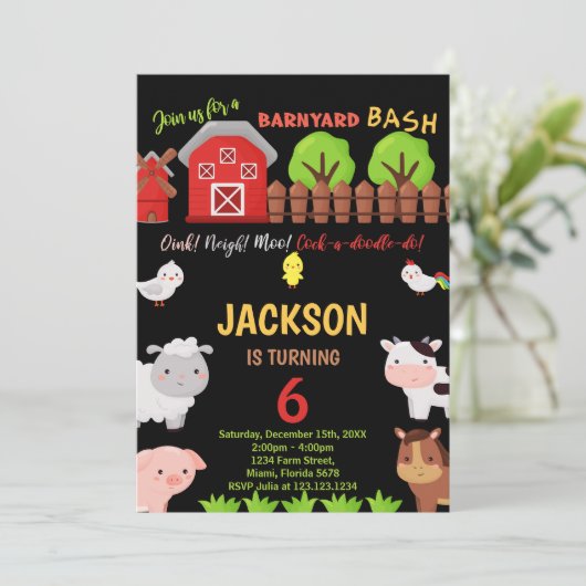 6e Black Red Farm Dieren Verjaardag Uitnodigingen (Staand voorkant)
