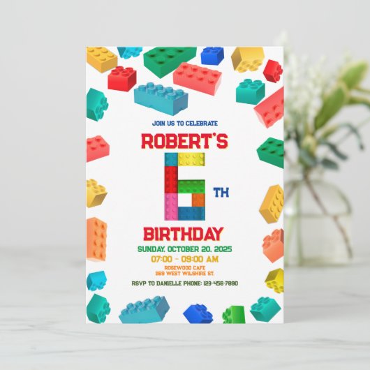 6e bouwuitnodiging, Bouwstenen Verjaardag Kaart (Staand voorkant)