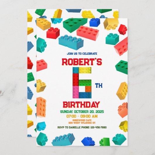 6e bouwuitnodiging, Bouwstenen Verjaardag Kaart (Voorkant / Achterkant)