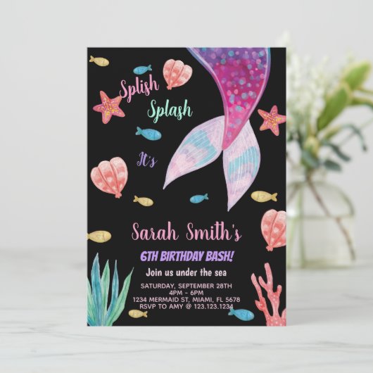 6e Donkerroze op top zeemeermin Verjaardag Kaart (Staand voorkant)