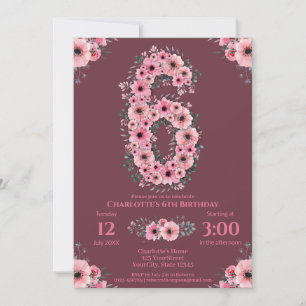 6e grote verjaardag Girl Pink Flowers Green Foliag Kaart