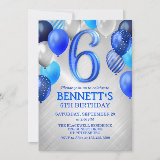 6e Jongens Blauwe Verjaardag Uitnodiging (Voorkant)