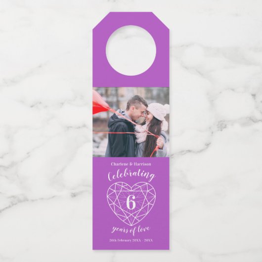 6e Jubileum foto paars amethyst hart Flessenhanger (Voorkant)