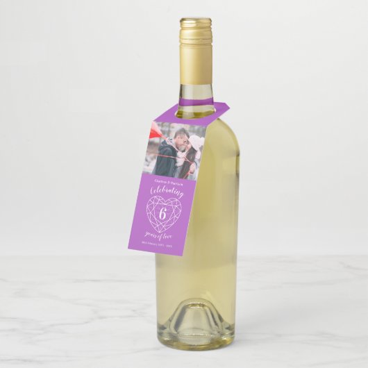 6e Jubileum foto paars amethyst hart Flessenhanger (Schuin)