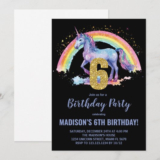 6e Rainbow Unicorn Verjaardag Uitnodigingen (Voorkant / Achterkant)