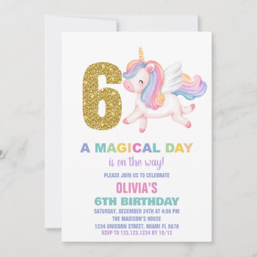 6e Rainbow Unicorn Verjaardag Uitnodigingen (Voorkant)