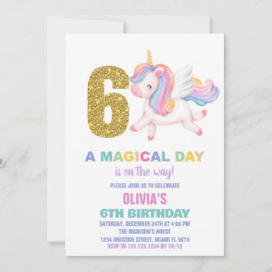 6e Rainbow Unicorn Verjaardag Uitnodigingen