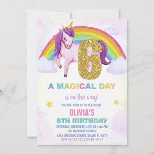 6e Rainbow Unicorn Verjaardag Uitnodigingen Cloud