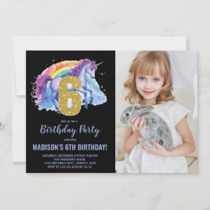 6e Rainbow Unicorn Verjaardag Uitnodigingen foto