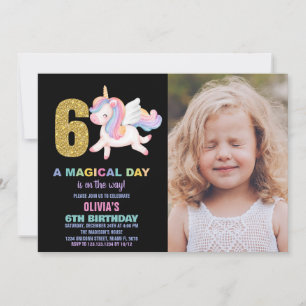 6e Rainbow Unicorn Verjaardag Uitnodigingen foto
