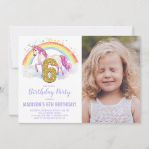 6e Rainbow Unicorn Verjaardag Uitnodigingen foto