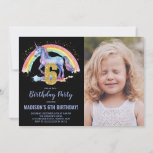 6e Rainbow Unicorn Verjaardag Uitnodigingen foto