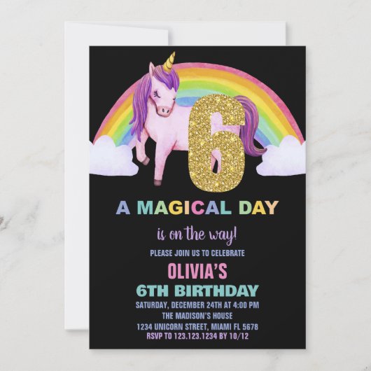 6e Rainbow Unicorn Verjaardag Uitnodigingen Glitte (Voorkant)