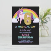 6e Rainbow Unicorn Verjaardag Uitnodigingen Glitte (Staand voorkant)
