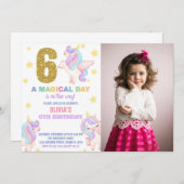 6e Rainbow Unicorn Verjaardag Uitnodigingen w foto (Voorkant / Achterkant)