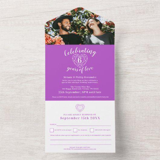 6e trouwdag in het paarse RSVP foto All In One Uitnodiging (Binnen)