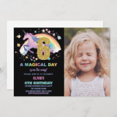 6e Unicorn Verjaardag Uitnodigingen met foto (Voorkant / Achterkant)