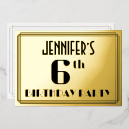 6e verjaardag: Art Deco Kijk "6" en naam Folie Uitnodiging