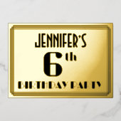 6e verjaardag: Art Deco Kijk "6" en naam Folie Uitnodiging (Voorkant)