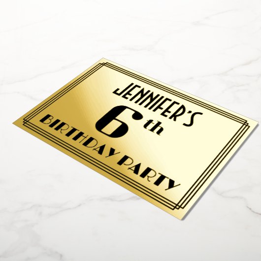 6e verjaardag: Art Deco Kijk "6" en naam Folie Uitnodiging (Gedraaid)