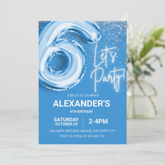 6e verjaardag ballon jongen blauw neon kaart (Staand voorkant)