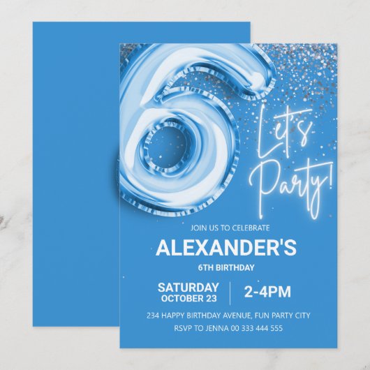 6e verjaardag ballon jongen blauw neon kaart (Voorkant / Achterkant)