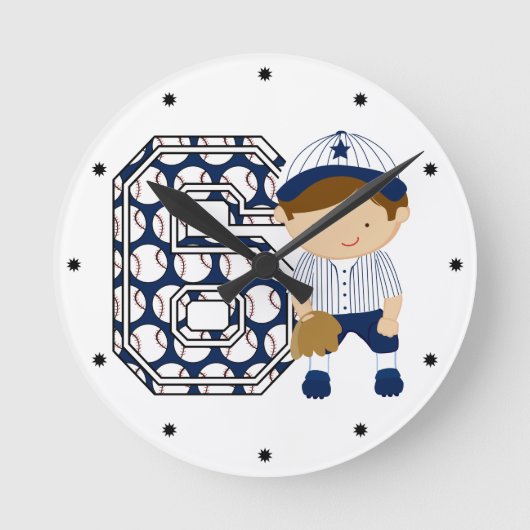 6e verjaardag Baseball Catcher Blue en White Ronde Klok (Voorkant)