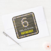 6e verjaardag: Bloemennummer, Faux Wood Look, Naam Vierkante Sticker (Envelop)