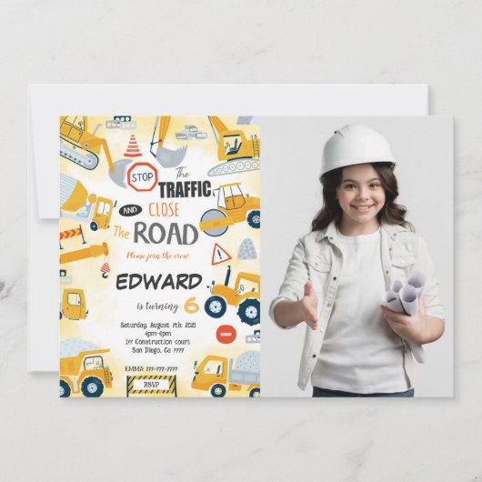 6e verjaardag bouw foto uitnodiging (Voorkant)