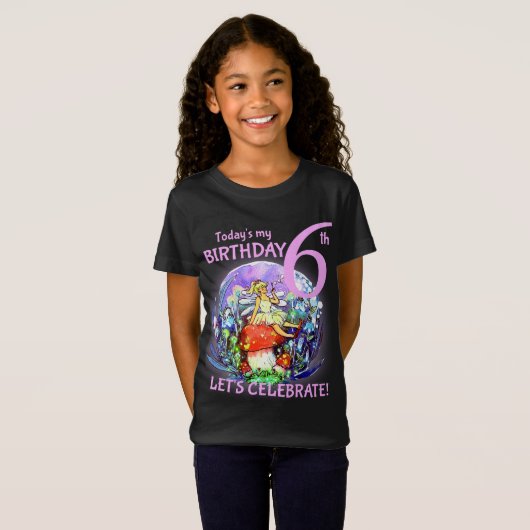6e Verjaardag Bubbly Fairy & Mushroom Motief T-shi T-shirt (Voorkant volledig)