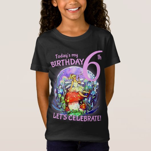 6e Verjaardag Bubbly Fairy & Mushroom Motief T-shi T-shirt (Voorkant)