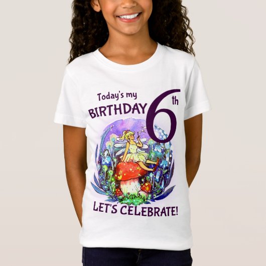6e Verjaardag Bubbly Fairy & Mushroom Motief T-shirt (Voorkant)