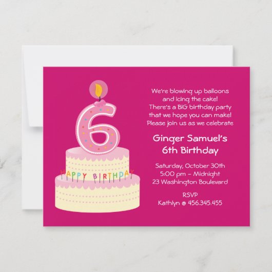 6e verjaardag Cake Eenvoudige uitnodiging (Voorkant)