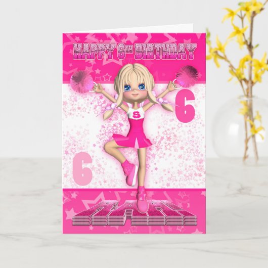 6e verjaardag cheerleader dansen, sterren in roze kaart (Gele Bloem)