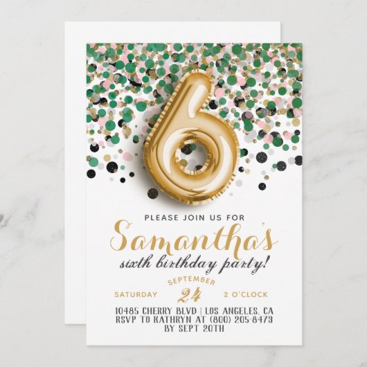 6e verjaardag Confetti Invitation Kaart (Voorkant / Achterkant)