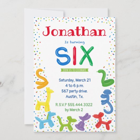 6e verjaardag dierballonvaarding kaart (Voorkant)