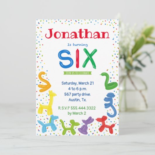 6e verjaardag dierballonvaarding kaart (Staand voorkant)