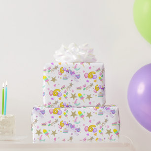 6e verjaardag eenhoorn motief wit cadeaupapier