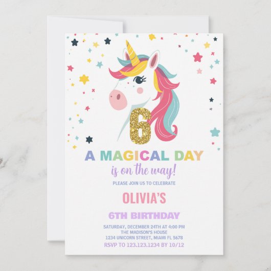 6e Verjaardag Eenhoorn Verjaardag Uitnodigingen (Voorkant)