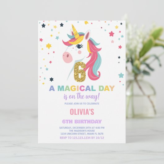 6e Verjaardag Eenhoorn Verjaardag Uitnodigingen (Staand voorkant)