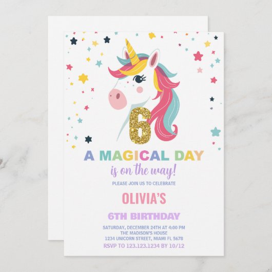 6e Verjaardag Eenhoorn Verjaardag Uitnodigingen (Voorkant / Achterkant)