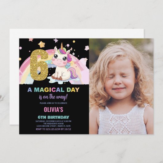 6e Verjaardag Eenhoorn Verjaardag Uitnodigingen fo (Voorkant / Achterkant)