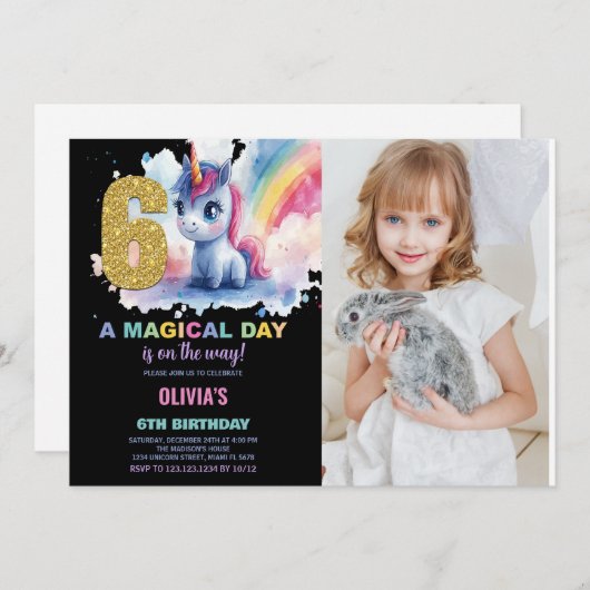 6e Verjaardag Eenhoorn Verjaardag Uitnodigingen fo (Voorkant / Achterkant)