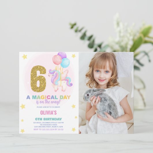 6e Verjaardag Eenhoorn Verjaardag Uitnodigingen w  (Staand voorkant)