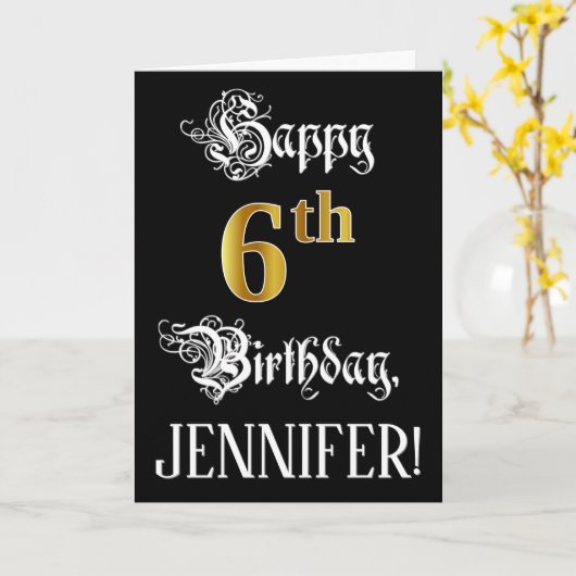 6e verjaardag — Fancy script; Faux Gold Kijk; naam Kaart (Gele Bloem)