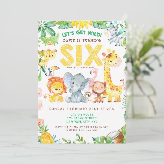 6e Verjaardag Feest Dieren Zoo Oerwoud Safari Scha Kaart (Staand voorkant)